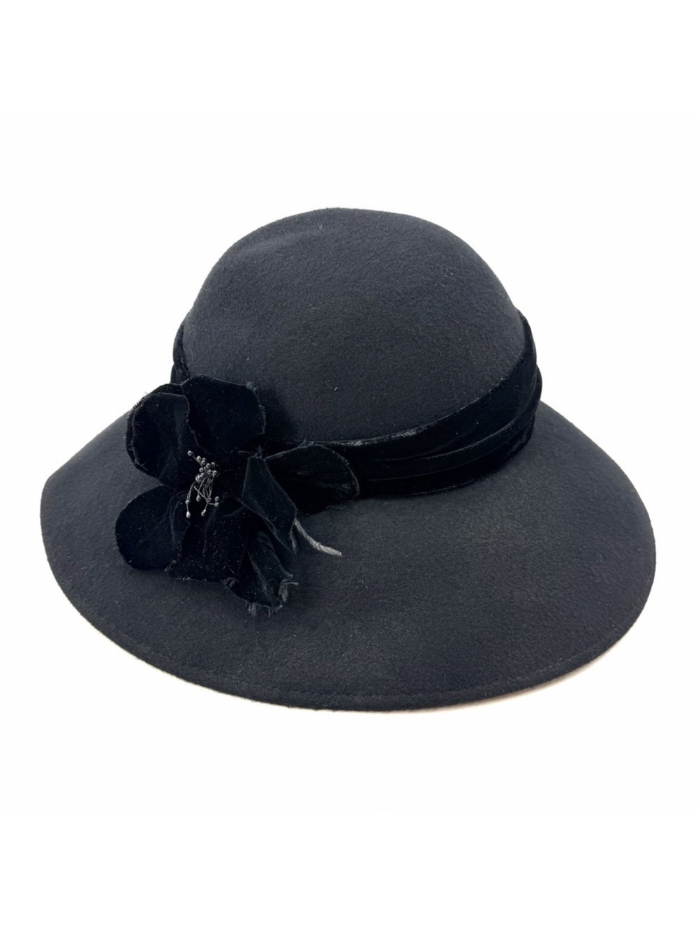 Vintage Importina Black Wide Brim Cloche Hat Flower Detail - 100% Wool